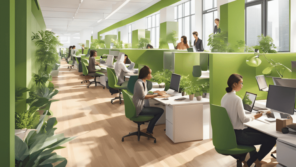 Image montrant un grand bureau très végétal avec des employés à leurs bureaux